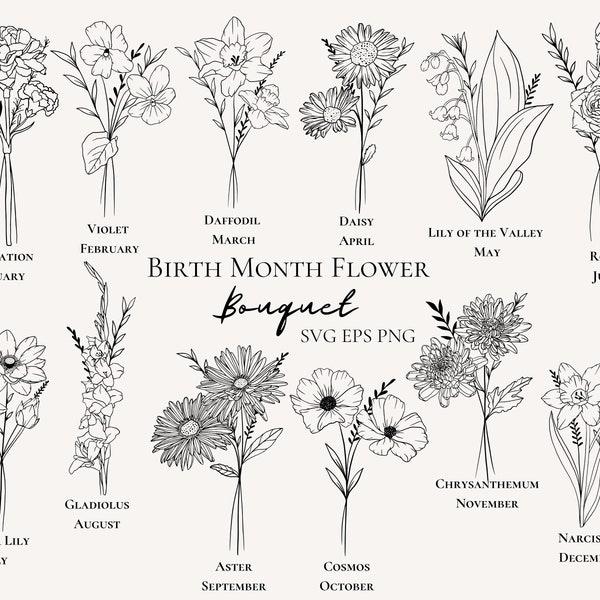 Birth Month Flower Bouquet Hand Drawn Birth Flower Drawing Birthday Month Floral Gift Birth Flower Bouquet Download Editable Birth Flower