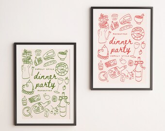 Dinner Party Restaurant Home Decor with Hand drawn Illustrations Digital Print