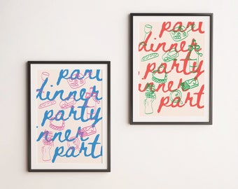 Dinner Party Restaurant Home Decor with Hand drawn Illustrations LARGE Digital Print