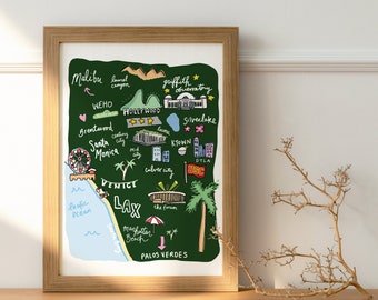 Los Angeles City Map featuring USC, Hollywood, Malibu Digital Print