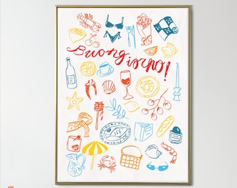 Italian Summer Trip Doodles Colorful Bright Aesthetic Wall Art Print Decor