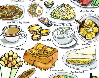 Hong Kong Cantonese Food hand drawn Illustrations Poster LARGE images with TEXT