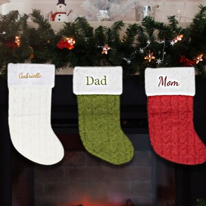 Personalized Christmas stocking with embroidered name– featuring a cable knit pattern–Great Custom Family Stockings for Christmas Decoration
