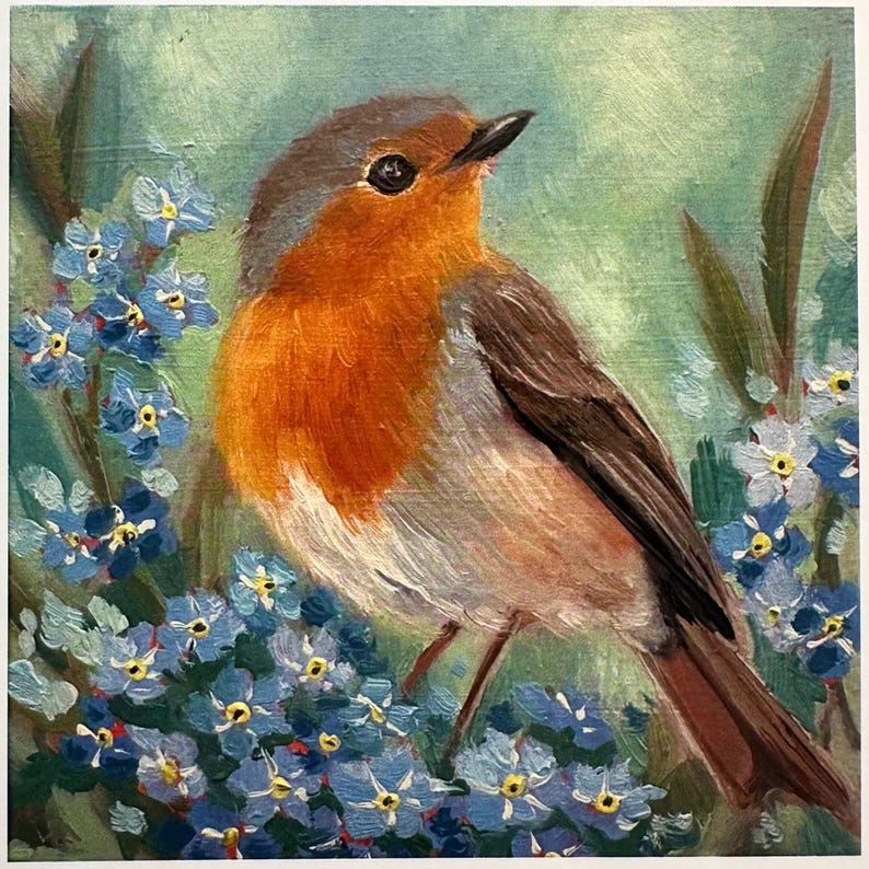 Whimsy Robin Robin and Forget-me-not Greeting Card: Whimsical Bird Art - Etsy Canada