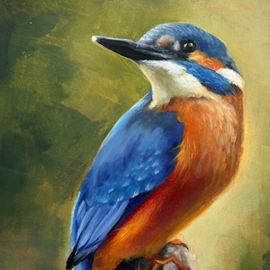 May include: Oil painting of a vibrant kingfisher bird perched on a branch. The bird features a blue head and wings, orange chest, and a long black beak. The background is a soft green, creating a naturalistic scene.
