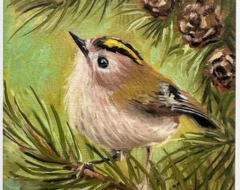 May include: A small, brown and yellow bird with a long, thin beak perched on a branch of a pine tree. The bird is surrounded by pine needles and cones.