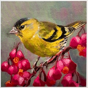 Carte de voeux - « Tarin et spindleberry » par Nicola King - Collection British Birds - Matériaux écologiques - Carte d'art nature fantaisiste - Vierge