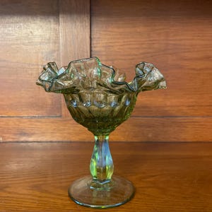 Vintage Fenton Green Glass with Thumbprint and Ruffled Rim Compote Pedestal Candy Dish