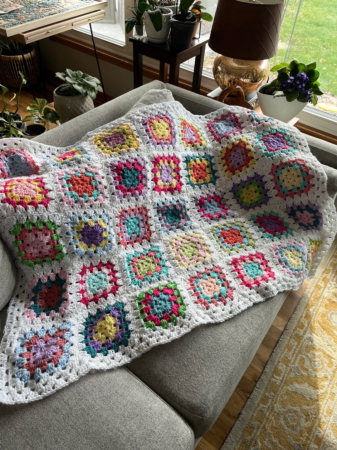 Pastel Knitted Granny Square Blanket Etsy