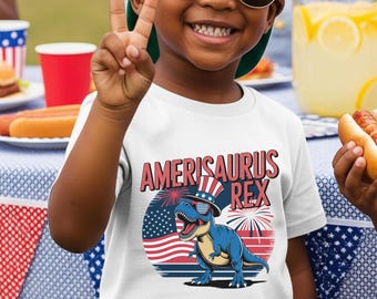 Patriotic Toddler Tee, Kid's 4th of July, America 250 tee, America's Birthday, Independence Day, T-rex Tee, Dinosaur Shirt, Dinosaur lover