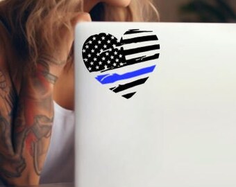 Adesivo a forma di cuore con linea blu sottile - Adesivo per moglie poliziotta - Adesivo per laptop/auto