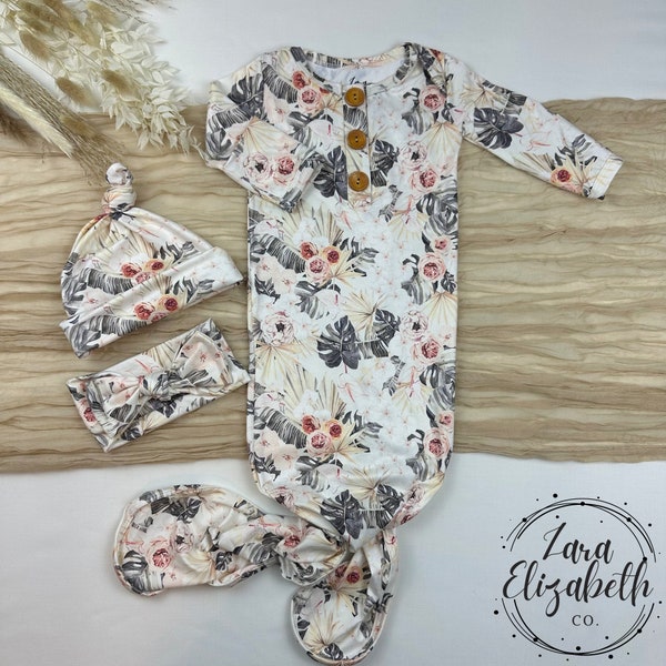 Newborn Baby Knotted Gown | Flower Design Gown | Little Girl Knotted Gown | Coming Home Outfit | Baby Shower Gift | Hat and Bow Knot Set