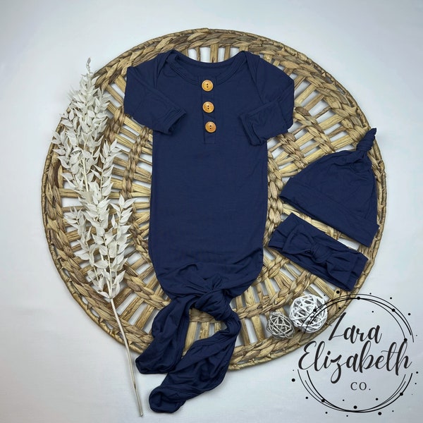 Newborn Bamboo Knotted Gown | Navy Blue | Boy or Girl Knotted Gown | Baby Gift | New Baby Outfit | Hat and Bow Knot Set | Coming home Outfit