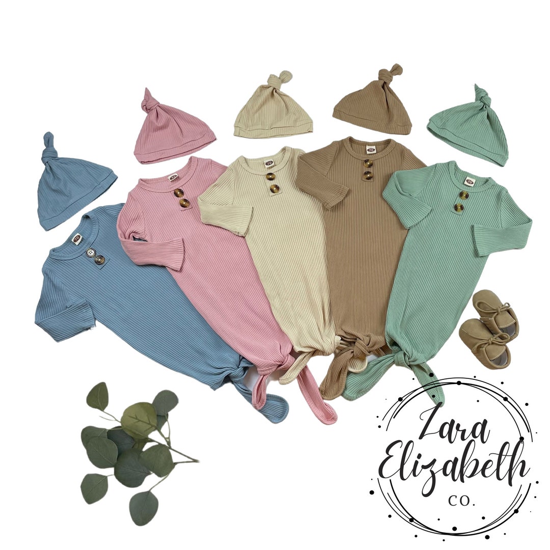 03 Months Cotton Knotted Gown Hat and Gown Set Boy or Girl Knotted