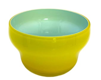 Hand Blown Art Glass Trinket Bowl Yellow Teal Color Block Boho Deco