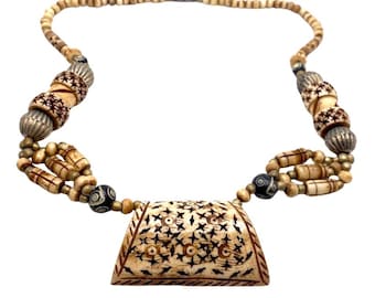 Vintage Carved Bovine Bone & Silver Bead Geometric Tribal Statement Necklace
