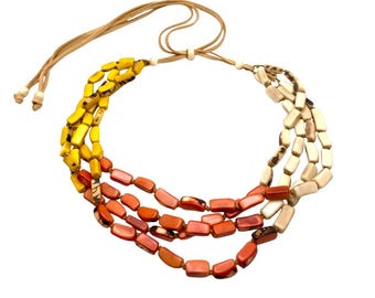 Tagua Nut Multi Strand Statement Necklace – Adjustable Leather Cord, Earth Tone Boho Jewelry
