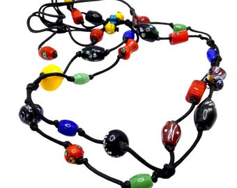 Vintage Artisan Jewelry Multi Color Glass Bead Long Knotted Statement Necklace 51”