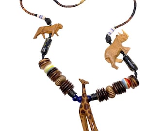 Hand Carved African Animal Giraffe Lion Rhino Wood and Glass Bead Statement Necklace 30.5”
