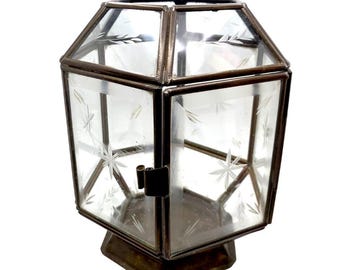 Vintage Turkish Brass Etched Glass Shepherd Lantern Star & Wheat Hexagon Design, 1940s–50s