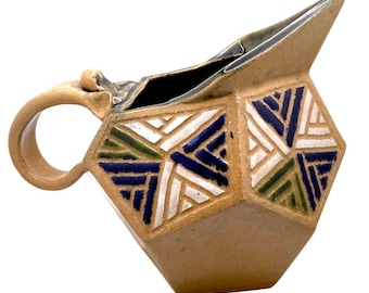 Art Deco Studio Signed Pottery Geometric Sculptural Vase Pitcher with Hand-Painted Triangles