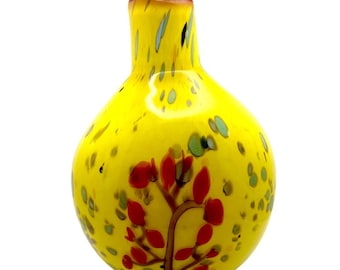 Hand-Blown Murano Style Art Glass Vase Vibrant Yellow with Red Tree Motifs & Colorful Swirls