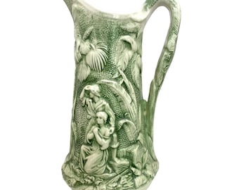 Green Parian Ware Pitcher Vase: Paul & Virginia Relief Jug, Victorian Literary Art