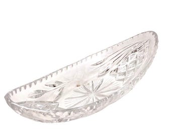 Vintage Cut Crystal Relish Dish – Oval Lead Crystal Pickle Bowl, Sawtooth Rim Floral Pattern
