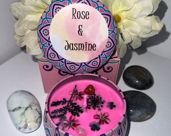 Rose & Jasmin Mystery Crystal Sojakerze 4oz