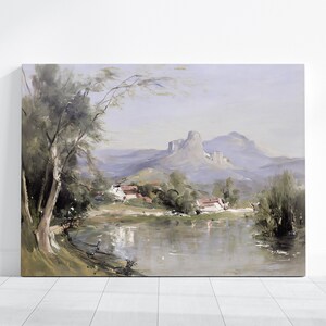 Oil Painting Titled -Lake with trees and houses, Printable Digital Download, Vintage and Modern , House Wall Art Décor