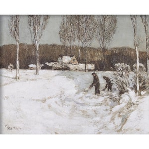 Classical Painting- Titled - Shoveling Snow New England 1905 , Printable Digital Download , House Wall Art Décor