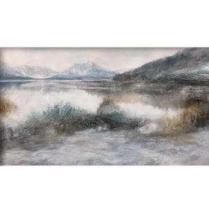 May include: An abstract landscape painting featuring a serene lake reflecting the surrounding mountains and sky. The artwork uses a muted color palette of blues, grays, and browns, creating a tranquil and atmospheric scene. The brushstrokes add texture.