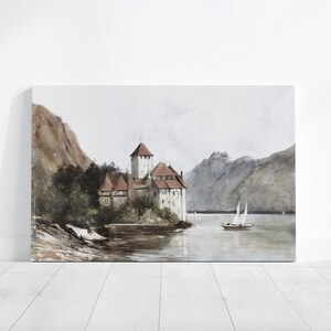 Watercolor Painting- The Castle of Chillon, Rustic Watercape, Printable Digital Download , House Wall Art Décor
