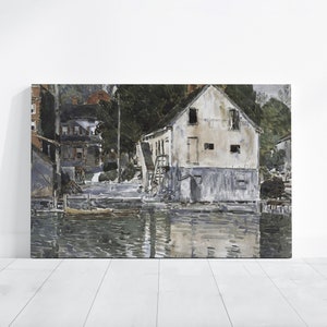 May include: A watercolor painting depicting a white building with a gray roof and a wooden door. The building is situated on a waterfront with a small boat in the foreground. The scene is painted in muted tones of gray, blue, and green.