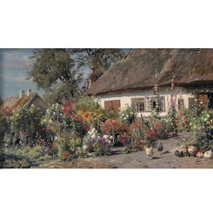 May include: A painting of a cottage with a thatched roof and a colourful garden. The garden is filled with flowers, and chickens are in the foreground. The scene is bathed in natural light, creating a serene and idyllic atmosphere.