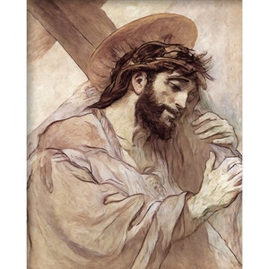 Religious Art- A Painting Titled -Christ Carrying the Cross, digital painting, Smiling Jesus, Christian wall Art, Jesus Christ picture