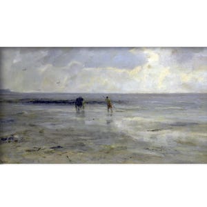 Pode incluir: Pintura a óleo de uma cena costeira sob um céu nublado. Uma figura com uma vara está na água rasa, perto de uma forma escura, possivelmente animais. A obra de arte usa tons suaves de cinza, azul e bege.