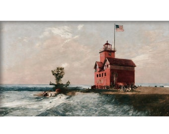 Samsung Frame TV Art | Holland Harbor Light Big Red at Lake Michigan | DIGITAL Download