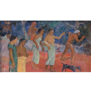 May include: A painting showing multiple figures in a tropical environment. The figures are in different positions, some standing and others running. The background includes dense vegetation and a red ground.
