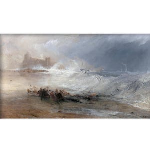May include: An oil painting depicts a dramatic seascape with a stormy sky and crashing waves. A castle sits on a rocky shore, and a small boat with figures struggles against the turbulent water. The artwork evokes a sense of struggle and the power of nature.