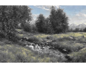 May include: A painting of a stream flowing through a grassy meadow with trees and mountains in the background. The sky is blue with white clouds.