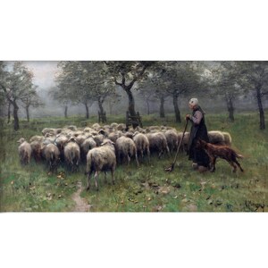 Könnte beinhalten: Ein Ölgemälde zeigt eine Schäferin mit einer Schafherde auf einem nebligen Feld. Ein Hund steht neben der Schäferin, die sich auf einen Stab stützt. Bäume säumen den Hintergrund, und die Szene ist in gedämpften Tönen gehalten.