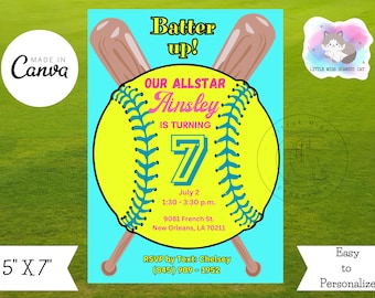 May include: A softball-themed birthday invitation with a yellow softball, teal stitching, and crossed brown bats. The invitation includes the text "Batter Up!" and details for the birthday party, including the name "Ainsley" and the age "7".