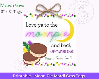 Happy Mardi Gras Moon Pie Gift/ Favor Tags, Love you the Moon and Back, Mardi Gras Card