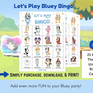 Juego de bingo de Bluey / Imprimible para fiesta de cumpleaños de Bluey / Descarga instantánea / Entretenimiento para fiestas infantiles / Decoración para fiestas de Bluey