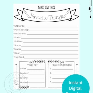 Personalized Teacher&#39;s Favorite Things List, Teacher Appreciation Ideas, Teacher Gift List