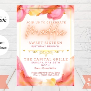 Editable Orange/Pink Ombre Watercolor Birthday Invitation | Watercolor Birthday Invite Digital Download | Teen/Girl&#39;s Birthday Invite