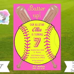 Batter Up Softball-Geburtstags-Einladung, Mädchen-Softball-Party, Softball-Geburtstags-Party einladen, Softball-Team-Party einladen, Mädchen-Sportparty