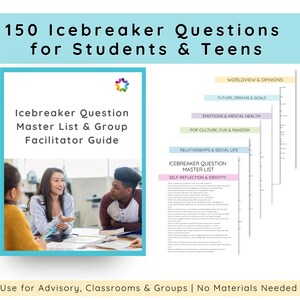 May include: A teal and white graphic with the text "150 Icebreaker Questions for Students & Teens." The image includes a book cover with the title "Icebreaker Question Master List & Group Facilitator Guide" and several pages with lists of questions.