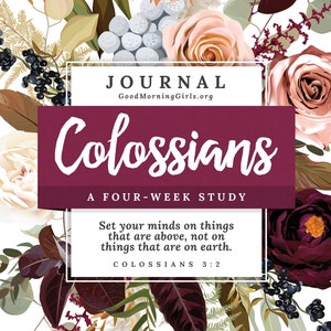 May include: A burgundy and white floral design with a journal cover that says "Colossians: A Four-Week Study" and the scripture verse "Set your minds on things that are above, not on things that are on earth. Colossians 3:2".